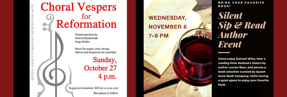 publicizing two upcoming events: a vespers concert 10/27; a book event 11/06